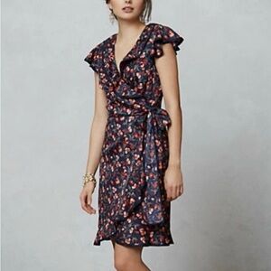 Hi There Anthropologie by Karen Walker Cherry Print Faux Wrap Dress Navy 6